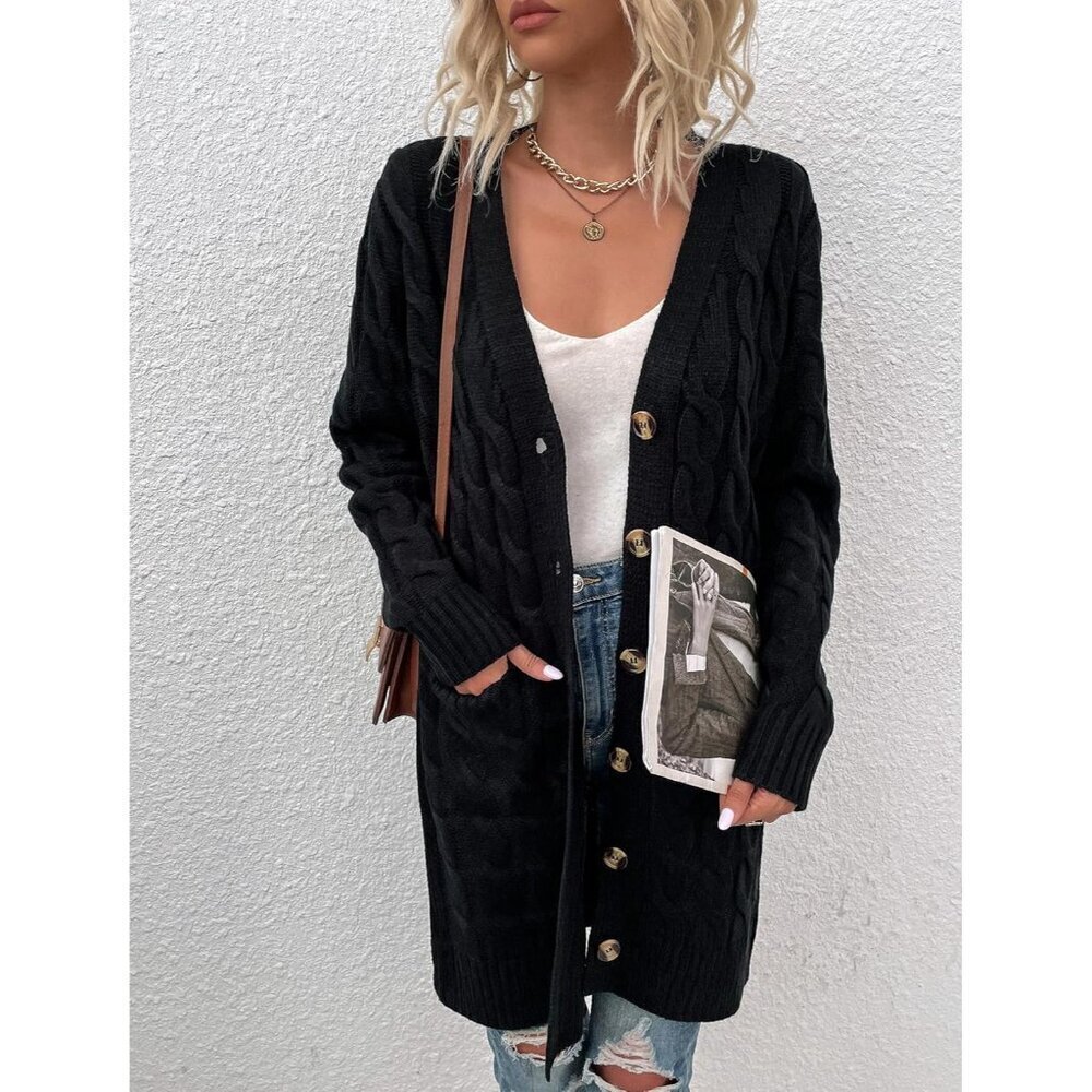 🆕Disi Womens black Cardigan Long Sleeves Cable Knit Open Front Loose Sweaters - Picture 2 of 5